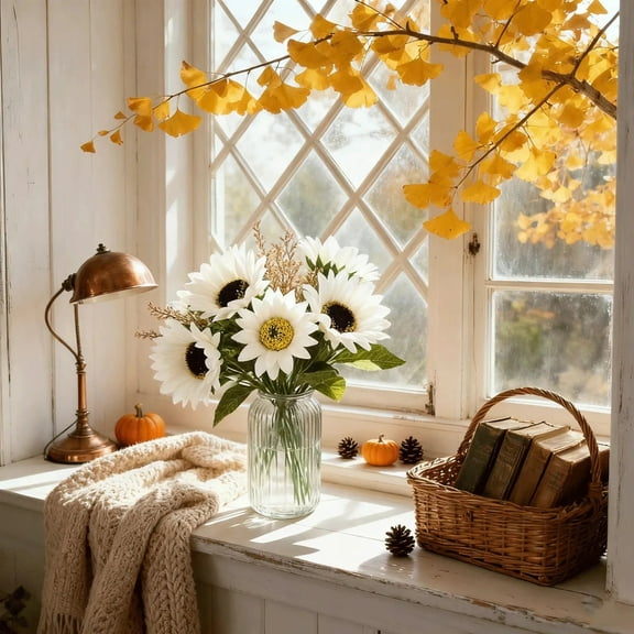 Artificial Sunflower Bouquet Fall Table Decor, Thanksgiving Faux Flower Arrangement for Dining Table, Coffee Table, Window Sill, Vase (4 Colors)