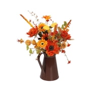 Artificial Sunflower Bouquet, Handcrafted Iron Bucket Arrangement, Thanksgiving Halloween Centerpiece Decor, Battery Operated Fall Floral Display, Year-Round Home Decoration Gift