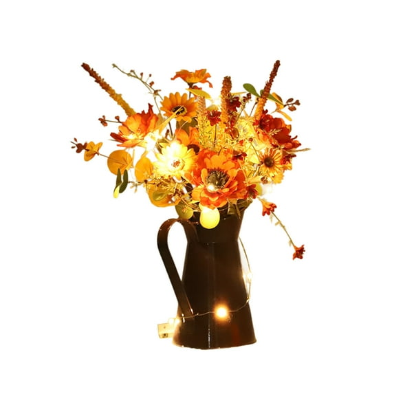 Artificial Sunflower Bouquet, Handcrafted Iron Bucket Arrangement, Thanksgiving Halloween Centerpiece Decor, Battery Operated Fall Floral Display, Year-Round Home Decoration Gift
