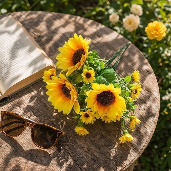 Artificial Sunflower Bouquet Mixed Sizes Floral Arrangement Bright Bloom Decor Accent,Natural Flower Bundle Home Garden Wedding Styling Piece,Living Room Patio Entryway Table Display Ornament