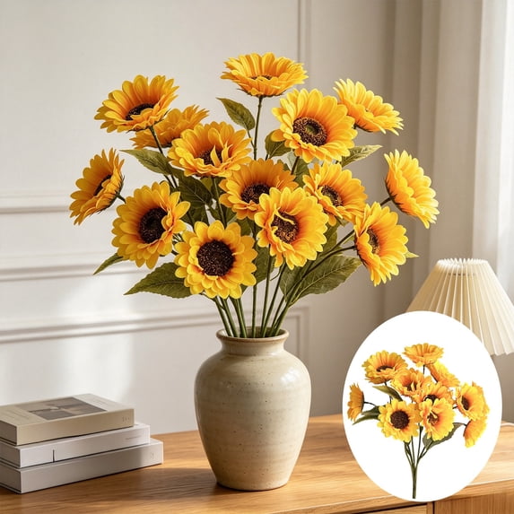 Artificial Sunflower Bouquet, Silk Sunflower Stems with Bendable Wire for Vase Arrangement, Faux Floral Decor for Wedding Centerpiece, Living Room, and Rustic Table