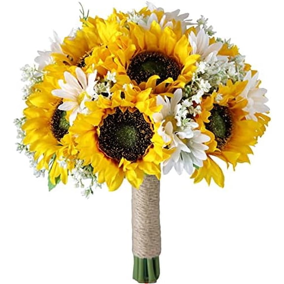 Artificial Sunflower Bouquet for Wedding Bridal Holding Flowers Fake Silk Sunflower with White Small Daisy Flower for Bride Bridesmaid Wedding Party Ceremony Table Centerpieces Decorations Yellow