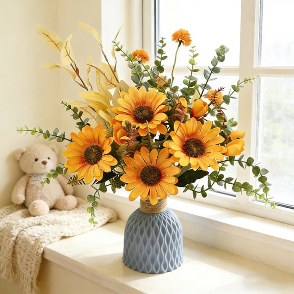 Artificial Sunflower Bouquet with Ceramic Vase, Faux Fall Flower Arrangement, Table Centerpiece for Home Decor, Wedding, and Thanksgiving