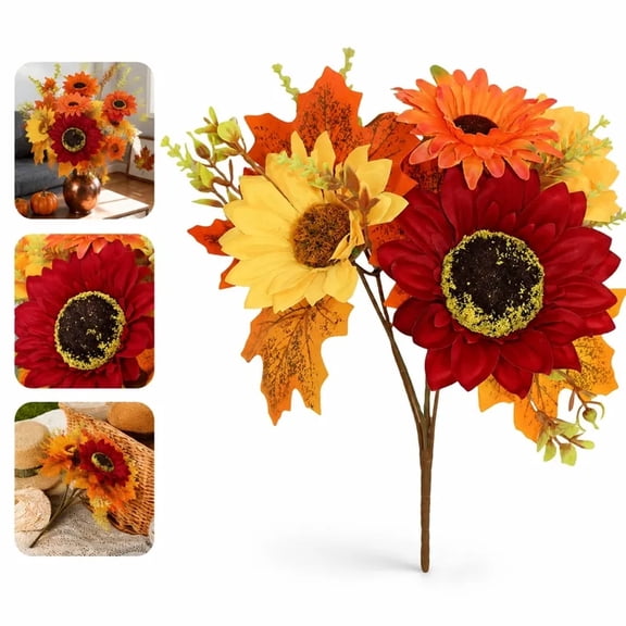 Artificial Sunflower Bouquet with Maple Leaves, Faux Fall Flower Bush in Red and Yellow for Wedding Picnic Home Vase Decor