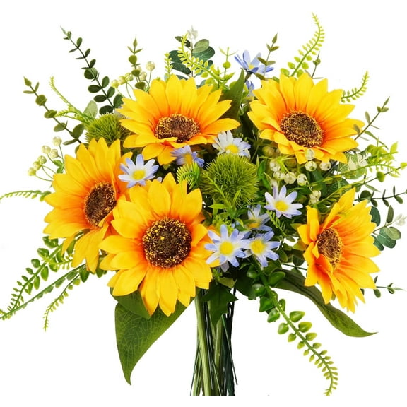 Artificial Sunflower Bouquets Spring Silk Sunflowers in Vase Summer Faux Flowers Bouquet Floral Arrangements for Home Kitchen Table Centerpieces Wedding Party Decor