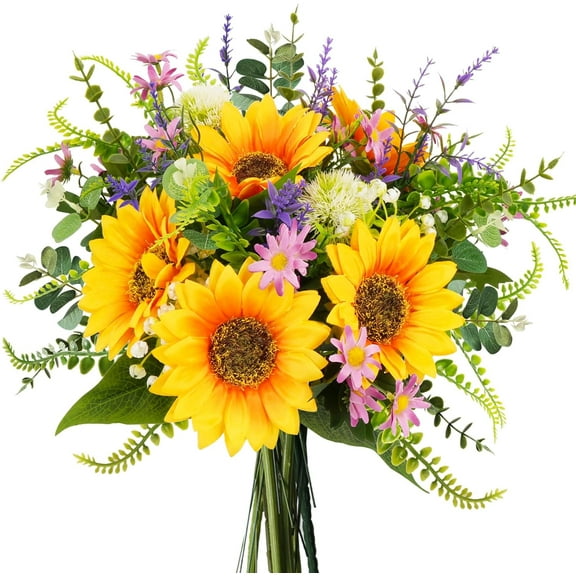 Artificial Sunflower Bouquets Spring Silk Sunflowers in Vase Summer Faux Flowers Bouquet Floral Arrangements for Home Kitchen Table Centerpieces Wedding Party Decor