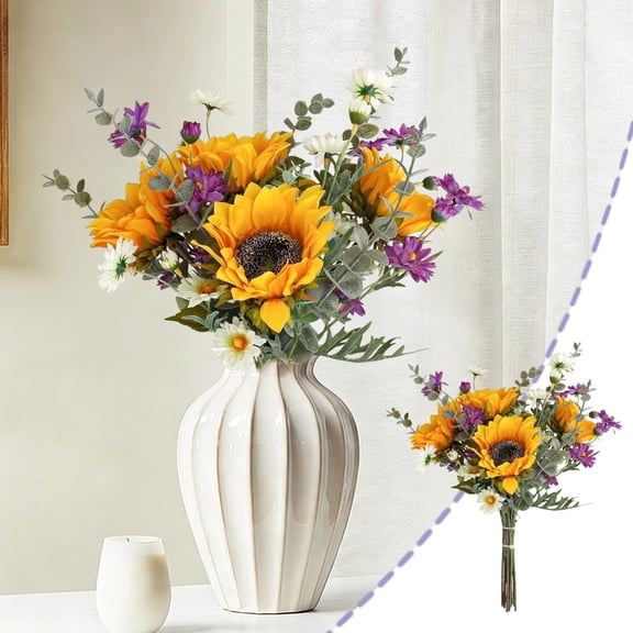 Artificial Sunflower Daisy Eucalyptus Bouquet - Multicolor Plastic, Realistic Leaves & Buds, for Living Room/Wedding Decor (40cm, 130g, 1 Pc)