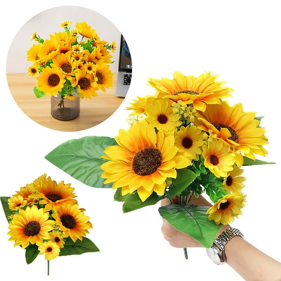 Artificial Sunflower Flowers Long Stem Silk Fake Large Sunflowers Decoration for Outdoor Home Wedding Party Single Bulk Yellow Decor 13 Heads (Dark Center)