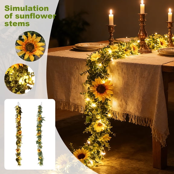 Artificial Sunflower Garland, 6ft/Strand Silk Sunflowers Hanging Vines Flowers Garland with Green Leaves for Room Kitchen Garden Birthday Wedding Baby Shower Party Table Decor
