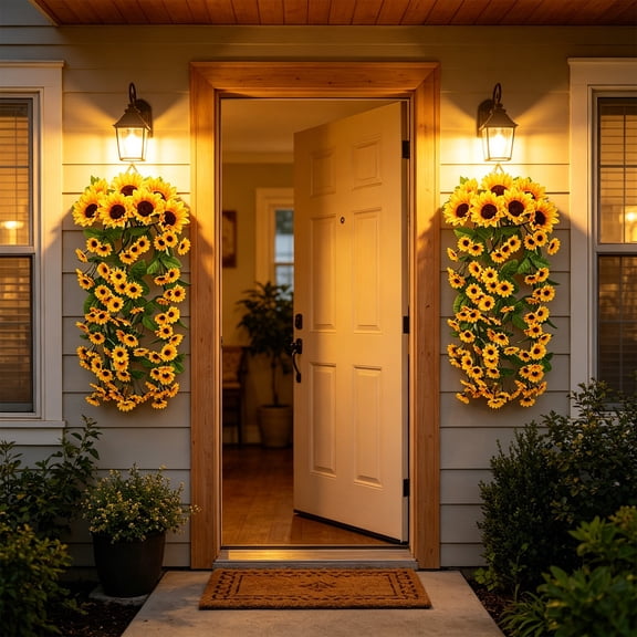 Artificial Sunflower Garland Faux Silk Flower Vine Wedding Arch Wall Fence Home Garden Party Summer Boho Hanging Rattan Floral Arrangement Flexible Stem Outdoor Indoor Decor Rustic Style