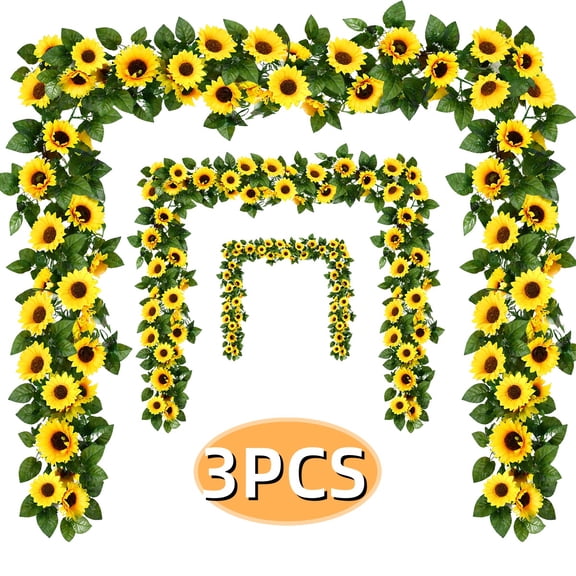 Artificial Sunflower Garland with Green Leaves Hanging Silk Sunflower Vine for Wedding Home Garden Craft Tea Party Decoration 3PCS