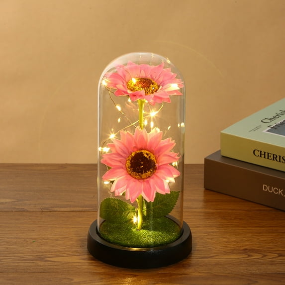 Artificial Sunflower in Glass Dome with LED Strip, Gifts for Women Mom Wife on Xmas,Valentine Day,Wedding,Mothers Day,Anniversary, Warm Night Light for Bedroom, Pink
