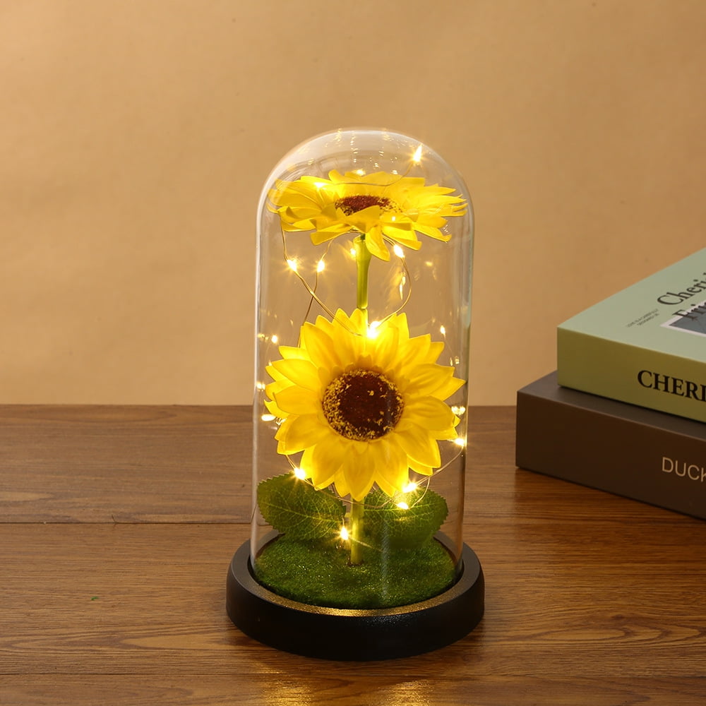 Artificial Sunflower in Glass Dome with LED Strip, Gifts for Women Mom