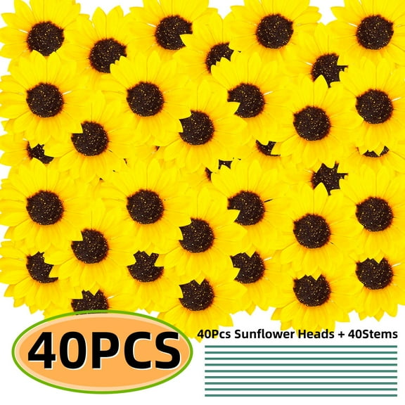 Artificial Sunflower 4'' Fake Sunflower Heads with Stems DIY Sunflower Floral for Crafts Home Decor ( 40Pcs Sunflower Heads+40Stems)