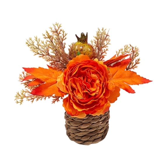 Artificial Sunflower Potted Arrangement, Faux Autumn Maple Foliage in Decorative Planter, Harvest Season Mantel Decor, Warm Toned Floral Piece
