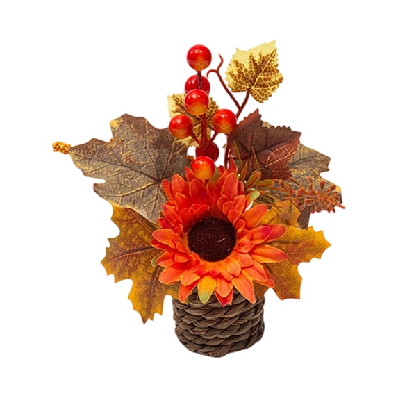 Artificial Sunflower Potted Arrangement, Faux Autumn Maple Foliage in Decorative Planter, Harvest Season Mantel Decor, Warm Toned Floral Piece