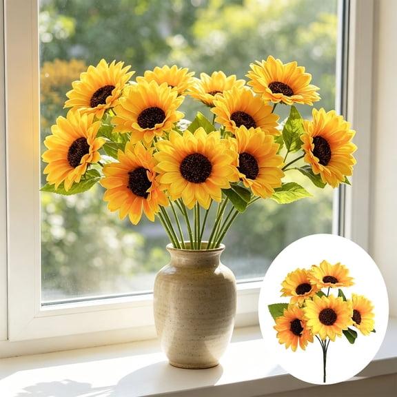 Artificial Sunflower Silk Flower Bouquet, Realistic Faux Sun Flower Stalks for Living Room Office Floor Vase, Vibrant Fake Floral Stalks for Home Wedding Farmhouse Rustic Table Centerpiece Decoration
