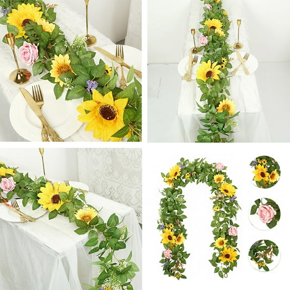 Artificial Sunflower Vine Garland 6.5Ft  Realistic Yellow Fake Flowers for Farmhouse Weddings, Outdoor Patio Decor & Rustic Table Centerpieces (UV-Resistant Plastic Rattan, Indoor/Outdoor)