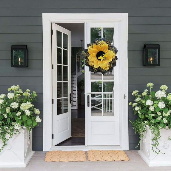 Artificial Sunflower Wreath, 14" Bee Sunflower Wreaths Spring Summer Wreath Decor for Front Door Window Wall Festival Decorations