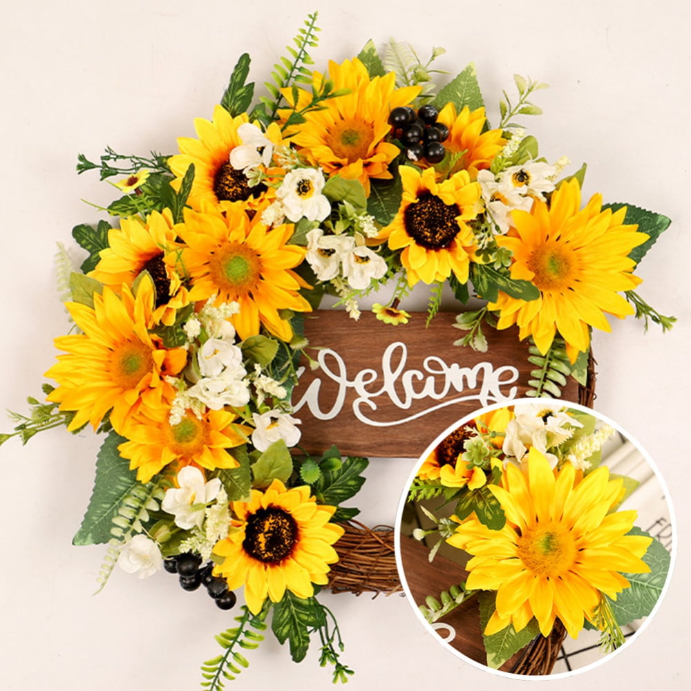 Artificial Sunflower Wreath 14 Inch Front Door Wreath with Sunflower and Green Leaves Spring