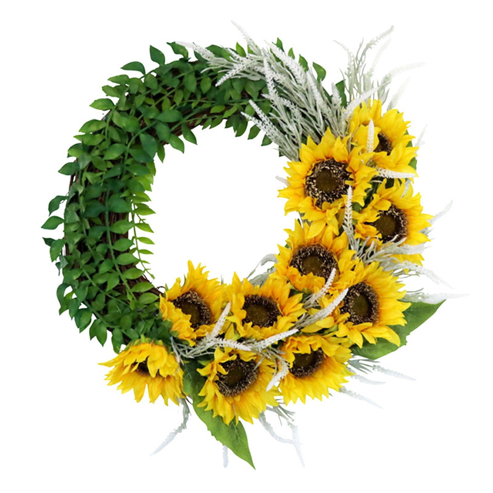 Artificial Sunflower Wreath Spring Summer Floral Front Door Window Rattan Garland with Green