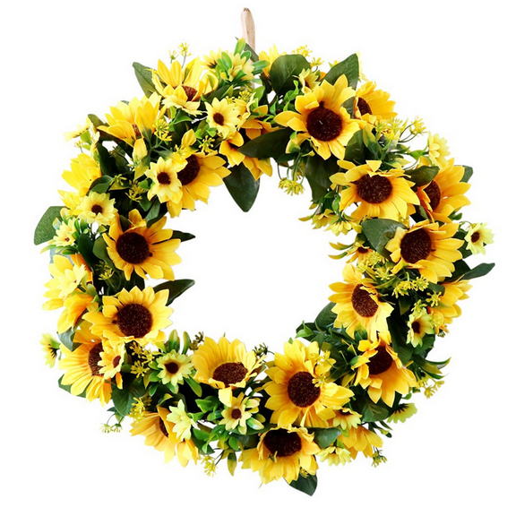 Artificial Sunflower Wreath Springtime All Year Around Flower Green Leaf for Outdoor Front Door Indoor Wall Decor
