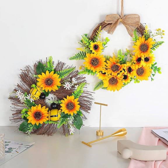 Artificial Sunflower Wreath Yellow Flower Wreath Spring Summer Wreaths Grapevine Wreath Green Leaves for Front Door Indoor Outdoor Wall Wedding Home Decor