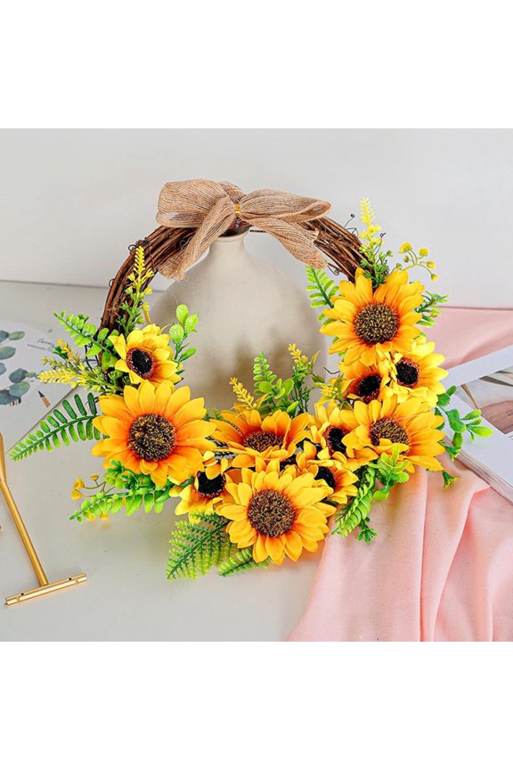 Artificial Sunflower Wreath with Yellow Sunflower and Green Leaves Front Door Wreaths for All Seasons