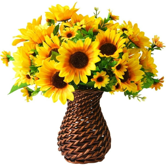 Artificial Sunflowers,7 Pcs Faux Silk Flowers Sunflowers with Handmade Rattan Vase,for Centerpiece Table Decorations Home Office Garden Decoration (Brownish Red Rattan)