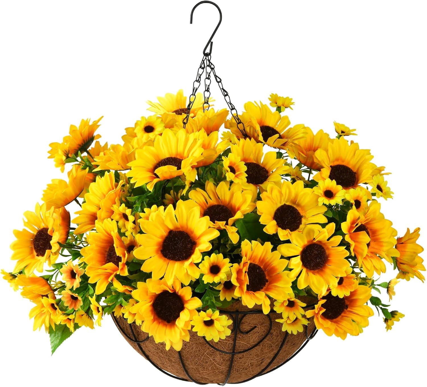 Artificial Sunflowers Fake Hanging Flowers Plants Baskets for Outdoor Spring Summer Decoration, Faux Silk Flowers Look Real UV Resistant for Porch Patio Garden Summer Home Decor