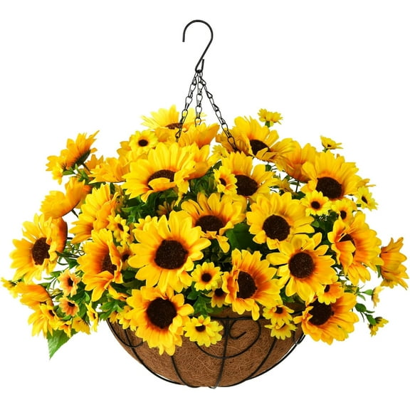 Artificial Sunflowers Fake Hanging Flowers Plants Baskets for Outdoor Spring Summer Decoration, Faux Silk Flowers Look Real UV Resistant for Porch Patio Garden Summer Home Decor