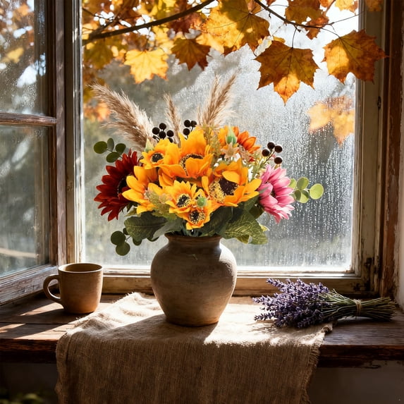 Artificial Sunflowers Faux Fall Chrysanthemums Flower Bouquets Silk Floral Arrangements with Pinecone Stems for Home Thanksgiving Table Centerpieces Autumn Decor(3PCS)