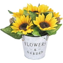 Artificial Sunflowers Pot, Silky Artificial Flower Daisy Metal Pot Bonsai, Artificial Flowers in Metal Potted, Silk Sunflower Bouquet with Vase for Garden Wedding Centerpieces Decor