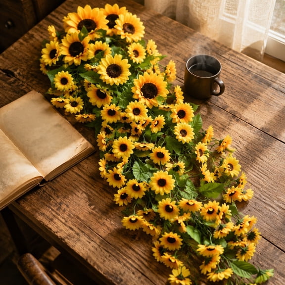 Artificial Sunflowers Teardrop Swag, Spring Summer Sunflowers Floral Swag Wreath, 81 Bouquet Fake Yellow Sunflower Garland for Front Door Indoor Outdoor Window Home Decor