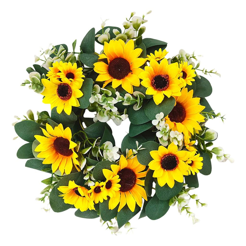 Artificial Sunflowers Wreath Flower Wreath with Yellow Sunflowers and Green Leaves for Outdoor