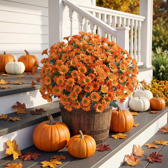 Artificial Sunset Orange Outdoor Mum Flowers in Pots, 20 Pcs UV Resistant Fake Mums Bushes for Front Porch, Patio, Balcony, and Yard Decor