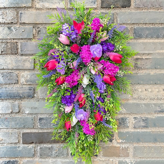 Artificial Teardrop Spring Wreath, Wall Mount, Country and Farm House Home Artificial Floral Hanging Decoration for Spring Summer