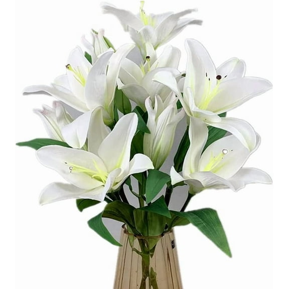 Artificial Tiger Lily Bouquet Lilies Flower with Rods 4 Bundlesof Flower Heads for Home Table Party Garden Shop Office Decoration Artificial Flower(White)