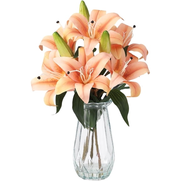 Artificial Tiger Lily Flowers with Vase,Real Touch Easter Lily Faux Flowers for Home Table Centerpieces Wedding Baby Shower Birthday Party Decoration,UV Resistant,3 Stems with 6 Flowers-Lily-champagn