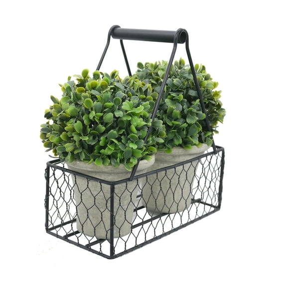 Artificial Topiary Ball, 2 Pack 5 inches Faux Boxwood Ball, Front Porch for Home, Schools, Green Comes in a Decorative Metal Basket