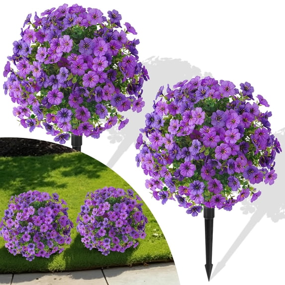 Artificial Topiary Ball Flowers For Outdoors Planters, Spring Decoration with Spike, UV Resistant Faux Summer Plants, Fake Bushes Indoor Decor, Mix 4 Colors for Garden, Porch & Patio(Purple, 2PCS)
