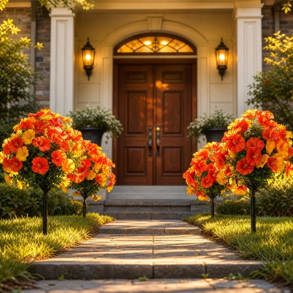 Artificial Topiary Ball Outdoor Decor - Weather-Resistant Plastic with Ground Stake for Porch, Garden, Walkway - Fall Halloween Thanksgiving Display Orange