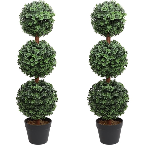 Artificial Topiary Ball Tree, 35inch Fake Topiaries Triple Ball Trees, Hold Nature 2Pack Faux Boxwood Plants Potted for Indoor Outdoor Decor (Set of 2)