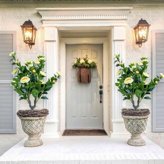 Artificial Topiary Ball Trees,Set of 2 23.6" Sun Resistant Fake Evergreen Shrubs Bushes Plants with Ground Spike,Fake Plants for Outdoor Indoor Front Porch Garden