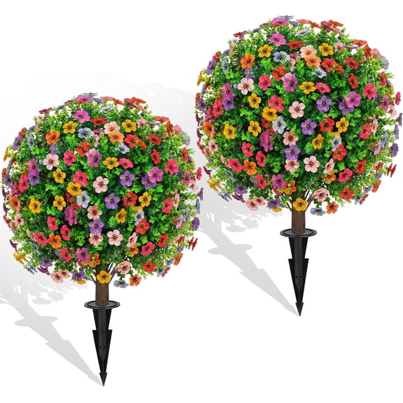 Artificial Topiary Ball Trees Set of 2 with Colorful Flowers, UV Resistant Faux Boxwood Plants Outdoor with Spike, Fake Bushes Round Shrubs for Porch, Garden, Yard, Patio Fall Outdoor Plant