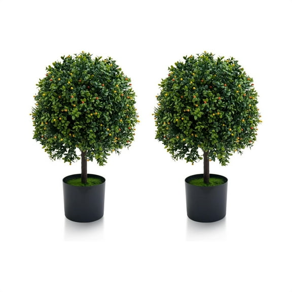Artificial Topiary Boxwood Ball Trees 20 Inch, Fake Greenery for Front Porch, Indoor Walkway, Entryway, Set of 2