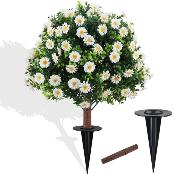 Artificial Topiary Bushes for Outdoors with Daisy, 23.62 Inch Boxwood Ball Shrubs with Spike for Indoor Outdoor Fall Thanksgiving Halloween Decor (Sunflower Boxwood)