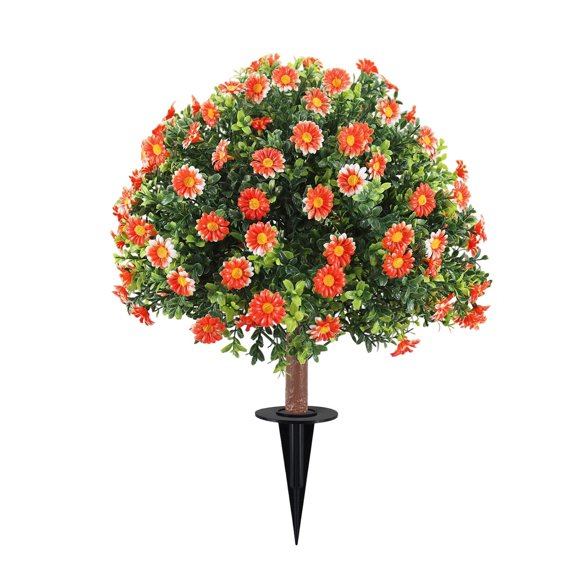 Artificial Topiary Bushes for Outdoors with Daisy, 23.62 Inch Boxwood Ball Shrubs with Spike for Indoor Outdoor Fall Thanksgiving Halloween Decor (Sunflower Boxwood)