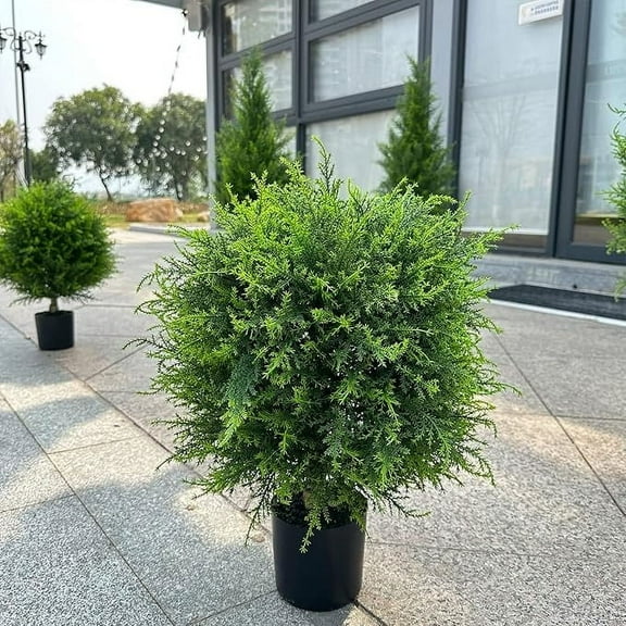 Artificial Topiary Cedar Ball Tree 24.8" Artificial Cedar Ball Tree with Ground Spike Faux Little Bush Ball Tree UV Resistant Shrub Potted Artificial Plant