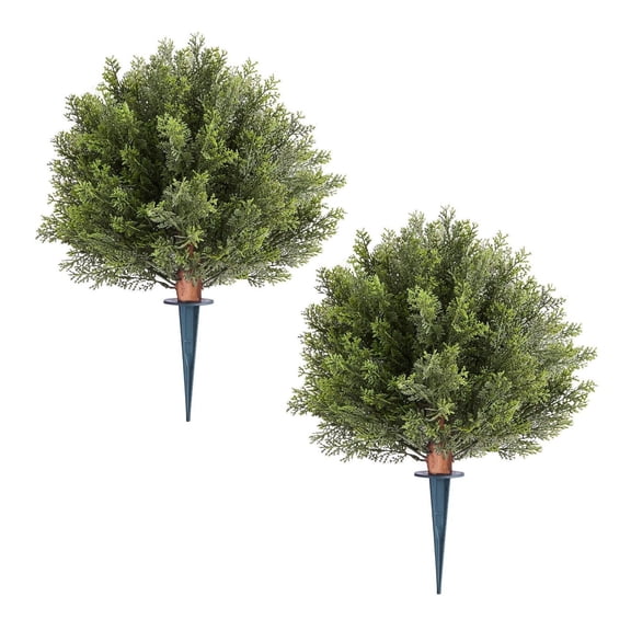 Artificial Topiary Cypress Trees, 16 Inch (2 Set) - Faux Shrubs for Outdoor Indoor Decor - Realistic Fake Plants for Porch, Patio, Garden & Balcony